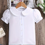 Girls' Preppy Solid Puff Short Sleeve Collar Shirt - Button-Down Shirt with Classic Style and Relaxed Fit - Perfect Gift for Little Ladies