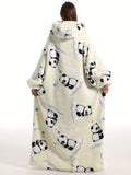 Cozy Plus Size Panda Pattern Fluffy Fleece Hooded Wearable TV Blanket Robe - Women's Plus Flannel Loungewear with Pockets for Ultimate Relaxation and Comfort