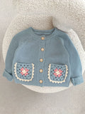 Cozy Autumn Baby Sweater Cardigan - Soft Round Neck, Versatile Hollowed Out Flower Pocket, Long Sleeve, Fashionable, and Adorable for Little Ones