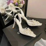 French Pearl Sandals Women Satin White Wedding Elegant Sexy Flower Heels Bridal Shoes Kq8