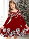 Girls' Festive Snowflake Christmas Dress - Knee-Length, Long Sleeve, Crew Neck with Embroidered Details - Perfect for Holiday Parties & Gifts, Ages 2-13