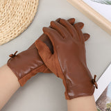 Women's PU Leather Gloves With Fleece Lining, Butterfly Knot Design, Touch Screen Compatible, Five-Fingered Hand Warmer Gloves For Casual Outdoor Use