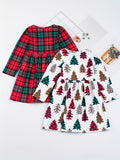 Girls Random Pattern Long Sleeve Stretch Crew Neck Dress Kids Fall Dress