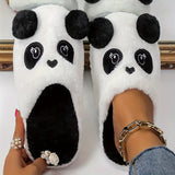 Cute Cartoon Panda Fluffy Home Slippers, Soft Sole Closed Toe Plush Lined Shoes, Non-slip Bedroom Mute Slippers, Winter & Autumn