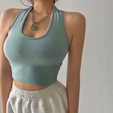 goosudu Bia Solid Color Halter Casual Sleeveless Slim Cropped Top