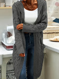 Plus Size Solid Cable Knit Open Front Cardigan, Elegant Pocket Hooded Long Sleeve Long Length Knitted Cardigan, Women's Plus Size Clothing