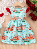 Girls Adorable Bowknot Ferris Wheel Print Flutter Sleeve Dress - Lightweight Summer Casual Outfit for Fun Outdoor Adventures