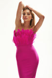 goosudu Feather Strapless Midi Bandage Dress - Hot Pink