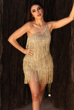 goosudu One Shoulder Metallic Fringe Mini Dress - Gold