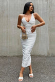 goosudu White Mesh Ruched Bodycon Midi Dress