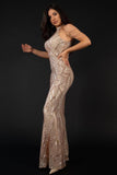 goosudu Sequin Halterneck Maxi Mermaid Prom Dress - Champagne