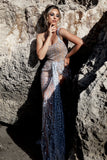 goosudu Glitter Sequin Mesh Slit Maxi Dress