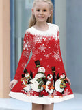 Adorable Snowman 3D Print Long Sleeve Dress for Girls - Perfect for Holiday season, Cozy & Stretchy Polyester Blend, Machine Washable - Fall/Winter Collection