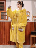 Cozy Fleece Bear Night Robe - Women's Long Sleeve Hooded Sleepwear with Pockets - Soft, Thickened, and Warm Fall & Winter Nightgowns & Sleepshirts for Cold Weather