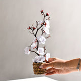 Boho Style Artificial Plum Blossom Swag Set with Woven Vase - Plastic Fake Flower Branches for Simplistic Home Decor - Ideal for Easter, Hanukkah, Thanksgiving - Perfect Mother's Day Gift (1 Set)