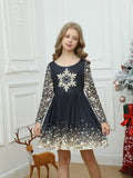 1pc Girls' Elegant Long Sleeve Christmas Dress, Casual Style with Snowflake Print, Knitted Polyester Fabric, Regular Fit for Kids, Spring/Summer/Autumn Collection