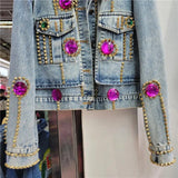 Women's Jackets Spring Women Fashion Rivet Diamonds Short Denim Jacket Loose Streetwear Casual Lapel Long Sleeve Jeans Coat Female