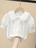 100% Cotton Girls Short Sleeve White Shirt with Lace Collar and Button Details - Dressy Blouse for Teenagers - Hand Wash Only, Perfect for Summer Weekend Casual Wear