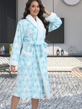 Cozy Star & Moon Print Women's Bathrobe with Belt - Plush Long Sleeve, V-Neck Lounge Robe with Pockets, Machine Washable