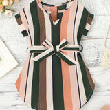 Toddler Girls Vertical Striped Curved Hem Notched Neck Belted Dress For Party Beach Vacation Kids Summer Clothes