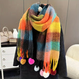 Chunky Rainbow Scarf - Soft Imitation Cashmere, Faux Fur Ball Tassel, Thickened Coldproof, Warm, Long, Plaid Color Block Design, Perfect for Winter Outings and Casual Wear