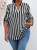 Plus Size Striped Print Blouse - Relaxed-Fit V Neck Roll Tab Sleeve Design for Everyday Comfort - Perfect for Spring, Womens Confident Clothing