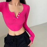 goosudu Olivia Solid Color Button Up Long Sleeve Ribbed Slim Cropped Top