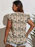 Plus Size Elegant V Neck Floral Print Blouse - Soft Slight Stretch Polyester Fabric, Short Sleeve, Pullover Design, Perfect for Weekend Casual Occasions in Spring and Summer - Oversized Fit, Woven, Random Printing, No Belt, No Sheer