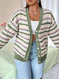 Plus Size Floral Pattern Knitted Cardigan, Casual Button Front Long Sleeve Cardigan, Women's Plus Size Clothing
