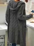 Plus Size Solid Cable Knit Open Front Cardigan, Elegant Pocket Hooded Long Sleeve Long Length Knitted Cardigan, Women's Plus Size Clothing
