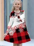 Adorable Snowman & Geometric Print Long Sleeve Dress for Girls - Perfect for Christmas, Fall/Winter Collection