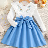 Elegant Floral Princess Dress for Girls - Chic Ruffled Design with Belt, Long Sleeves, All-Season Polyester Wear