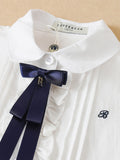 Chic Girls' Summer Blouse - Pure Cotton, Short Sleeve, Preppy Turn-Down Collar, Korean Style School Shirt with Navy Bow Tie Detail, Breathable, Comfortable, and Classic Design for School or Casual Wear