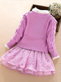 3pcs Knitwear Set For Girls, Lace Collar Knit Cardigan + Mock Neck Pullover + Mesh Skirt, 100% Cotton Comfy Spring/ Fall Clothes