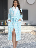 Cozy Star & Moon Print Women's Bathrobe with Belt - Plush Long Sleeve, V-Neck Lounge Robe with Pockets, Machine Washable