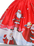 Christmas Themed Princess Dress for Girls - Party Style Red Bowknot Christmas Dress with Santa and Snowman Print, All-Season Woven Poly Cotton Dress, Regular Fit, Non-Stretch, for Children'S Holiday Parties