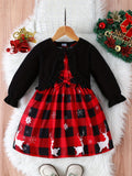 Girls' 2pcs Christmas Outfit Set: Cozy Ruffle-Trim Long Sleeve Cardigan & Festive Reindeer Print Dress with Bow - Machine Washable, Perfect for Outdoor