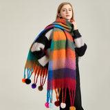 Chunky Rainbow Scarf - Soft Imitation Cashmere, Faux Fur Ball Tassel, Thickened Coldproof, Warm, Long, Plaid Color Block Design, Perfect for Winter Outings and Casual Wear