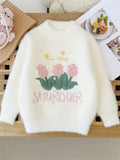 Girls Knit Sweater 'Girl & Snowflake' Pattern Embroidery Pullover Top Round Neck Knitwear For Fall Winter