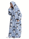Plus Size Puppy Pattern Sherpa Fleece Oversized Ultra Soft Warm Wearable Blanket, Women's Plus Cute Sleepwear Thickened Blanket Hoodie
