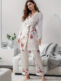 Luxurious Floral Print Satin Lounge Set for Women - Soft, Long Sleeve Robe with Belt, Comfortable Relaxed Fit Pants for Fall and Winter - Elegant, Cozy, and Warm Loungewear for Cold Weather