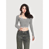 goosudu Gwen Fake Two Piece Halter Long-sleeved Button Up Slim Cropped Top