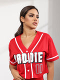 Baseball Jersey for Woman - V-Neck Printing Short Crop Tops Button Casual Softball Shirt Activewear Tee Versatile & Comfy for Spring to Summer