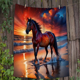 Coastal Horse Print Soft Fleece Blanket - All Seasons, Machine Washable, Animal Theme, Multi-Purpose, Knit Cover, Polyester Material