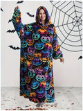 Cozy Halloween Pumpkin Fleece Hoodie - Oversized Wearable Blanket with Long Sleeves, Plus Size Available