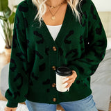 Plus Size Leopard Pattern Cardigan, Casual Long Sleeve Buttons Cardigan, Women's Plus Size Clothing