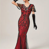 Vintage Long Length Embroidered Wedding Dress - Stunning Sequin Crew Neck Fitted Gown for Women - Polyester, No Elasticity, Woven, Perfect for Party, Banquet, Engagement, Ceremony and Special Occasions