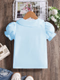 Girls' Preppy Solid Puff Short Sleeve Collar Shirt - Button-Down Shirt with Classic Style and Relaxed Fit - Perfect Gift for Little Ladies