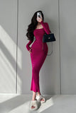 goosudu Ella Solid Color U-Neck Long Sleeve Slim Long Dress