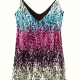 Vibrant Sequined Color Block Cami Dress - Sleeveless V-Neck Mini Party Dress with Cross Back Detail - Polyester Knit Fabric, No Elasticity, Solid Color, Sexy and Chic for Womens Night Out